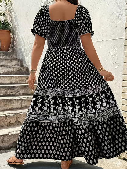 Women's Floral Square Neck Maxi Evening Dress - Tiered Event Style detail view