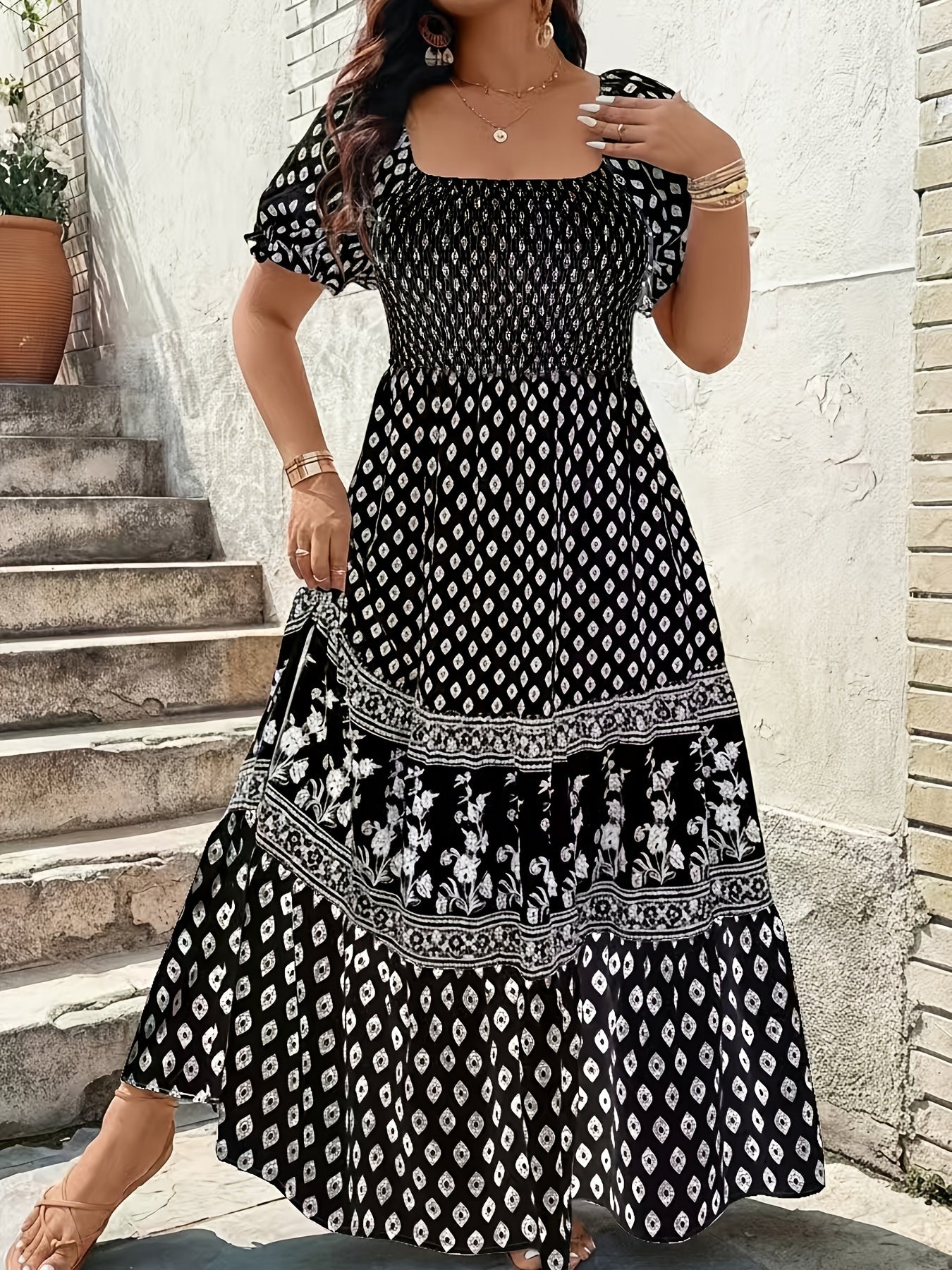 Women's Floral Square Neck Maxi Evening Dress - Tiered Event Style detail view