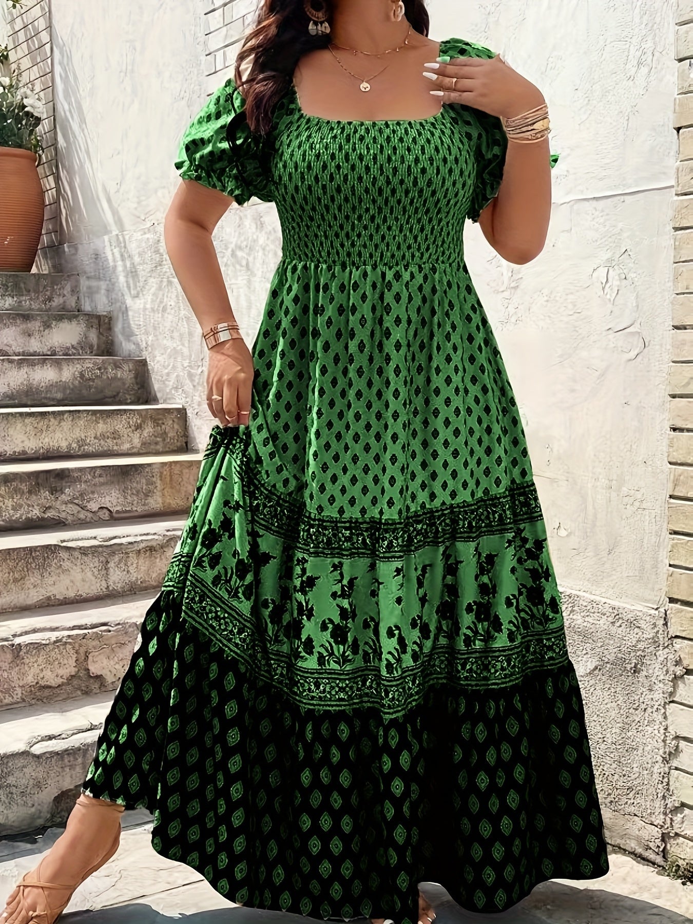 Women's Floral Square Neck Maxi Evening Dress - Tiered Event Style detail view