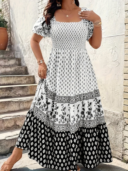 Women's Floral Square Neck Maxi Evening Dress - Tiered Event Style detail view