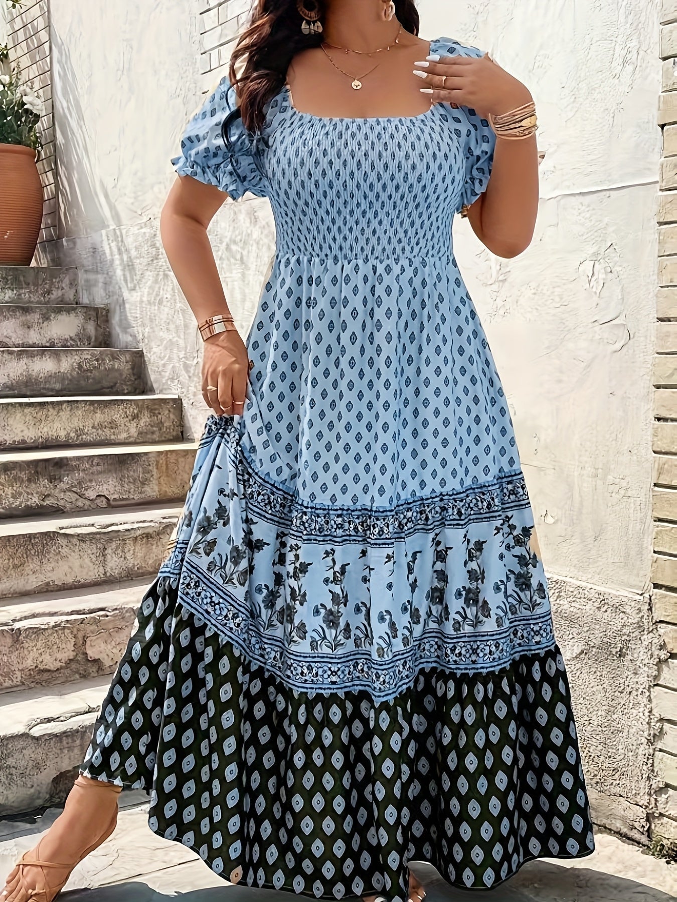 Women's Floral Square Neck Maxi Evening Dress - Tiered Event Style – Blue option – view 3