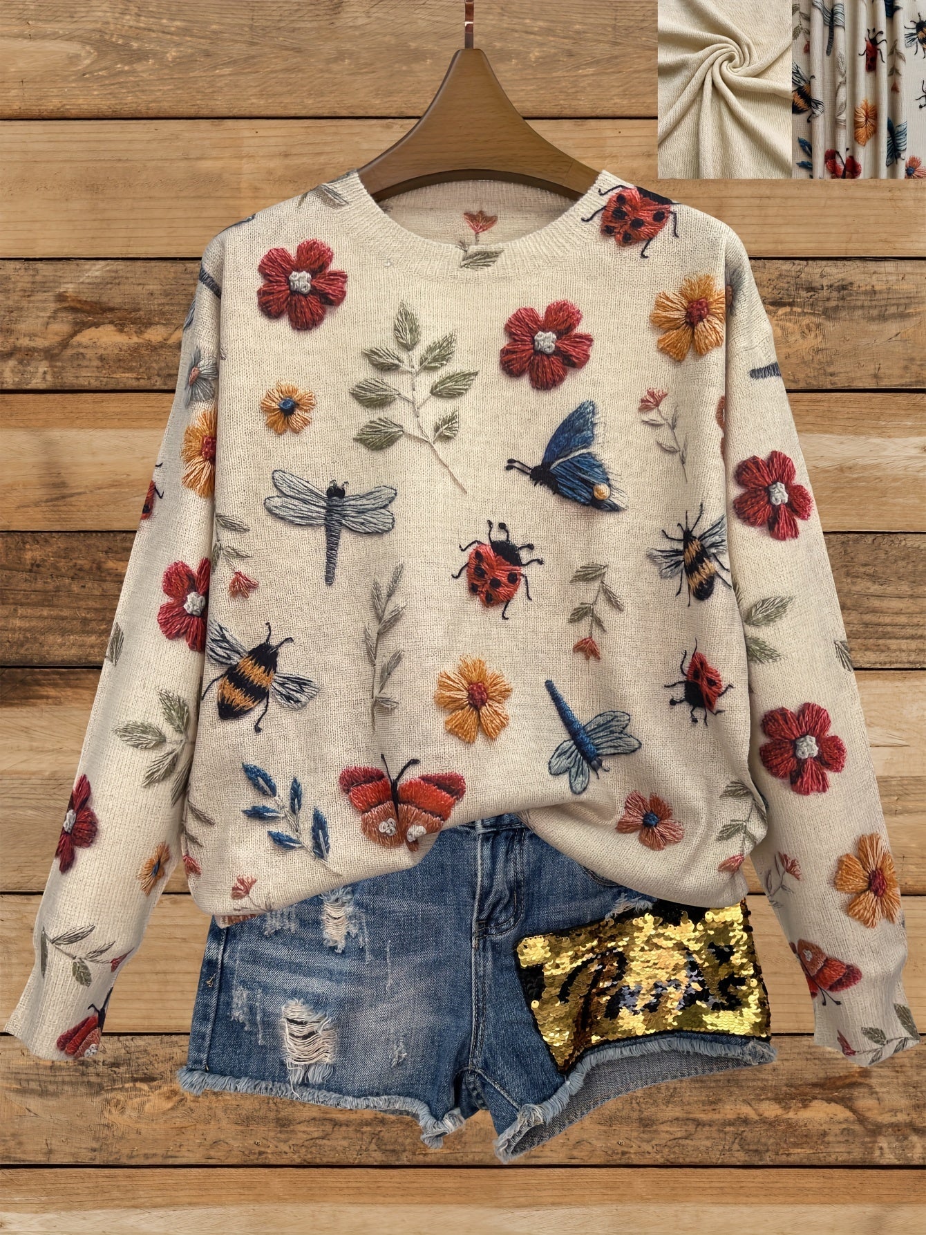 Women's Floral Sweater - Crew Neck Long Sleeve detail view