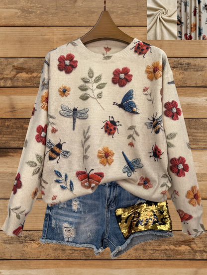Women's Floral Sweater - Crew Neck Long Sleeve detail view