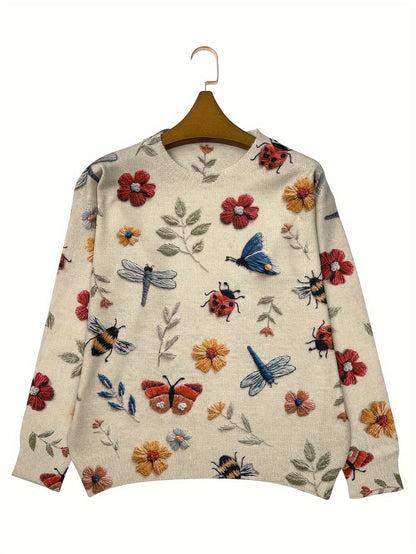 Women's Floral Sweater - Crew Neck Long Sleeve detail view