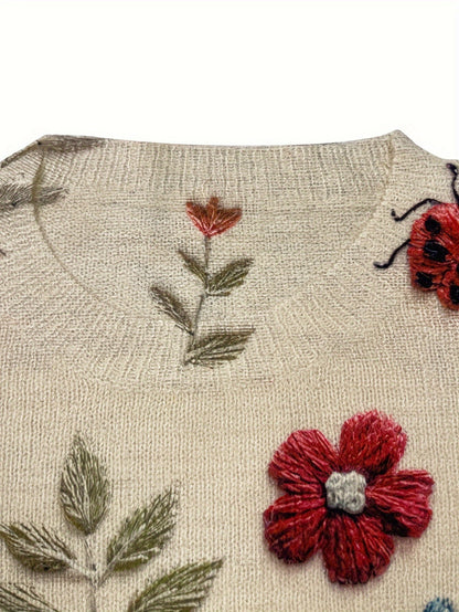 Women's Floral Sweater - Crew Neck Long Sleeve detail view