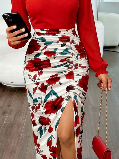 Women's Floral V-Neck Casual Dress - Long Sleeve detail view