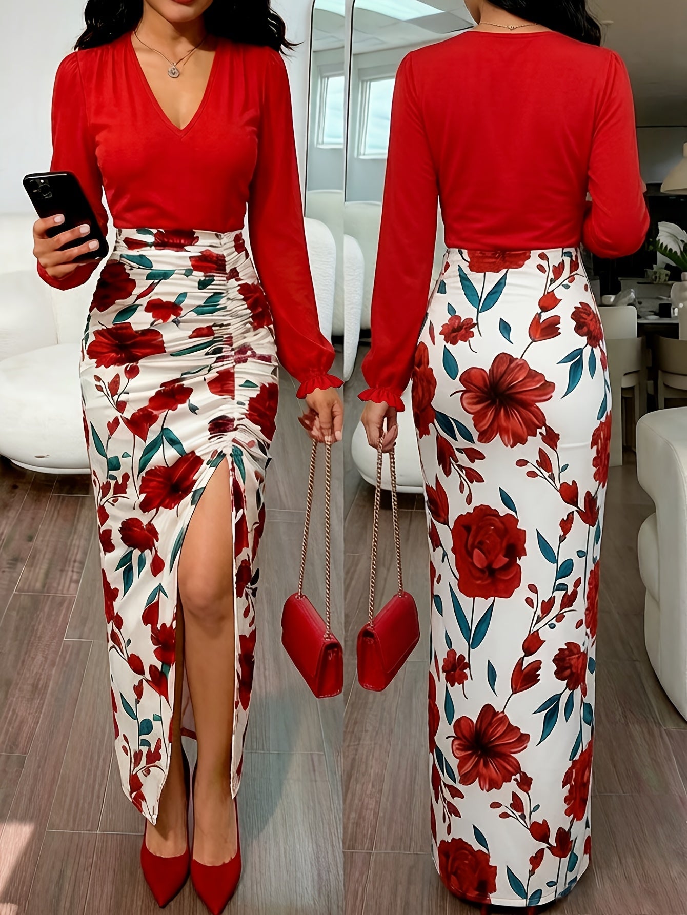Women's Floral V-Neck Casual Dress - Long Sleeve – Red option – main product image