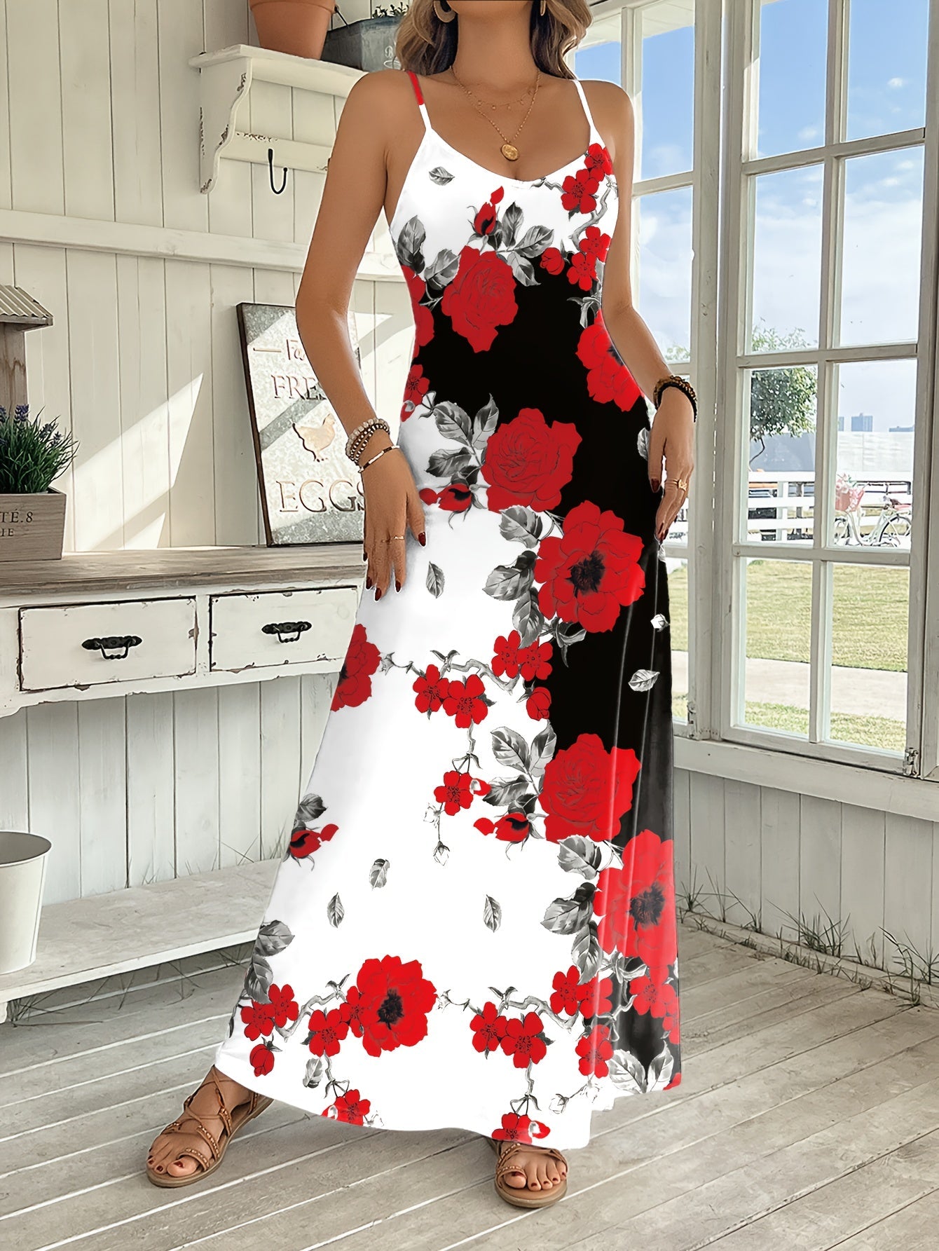 Women's Floral V-Neck Maxi A-Line Dress detail view