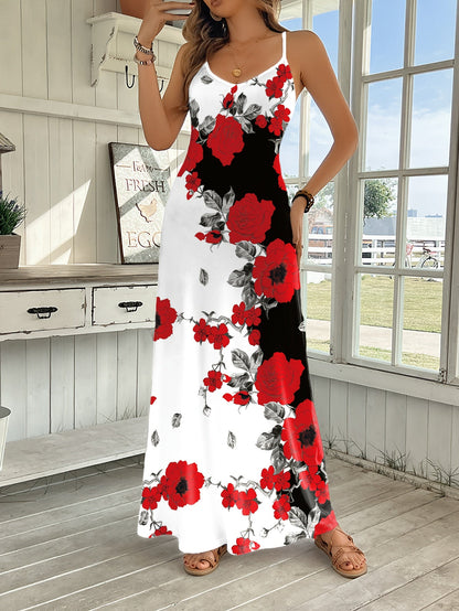 Women's Floral V-Neck Maxi A-Line Dress detail view