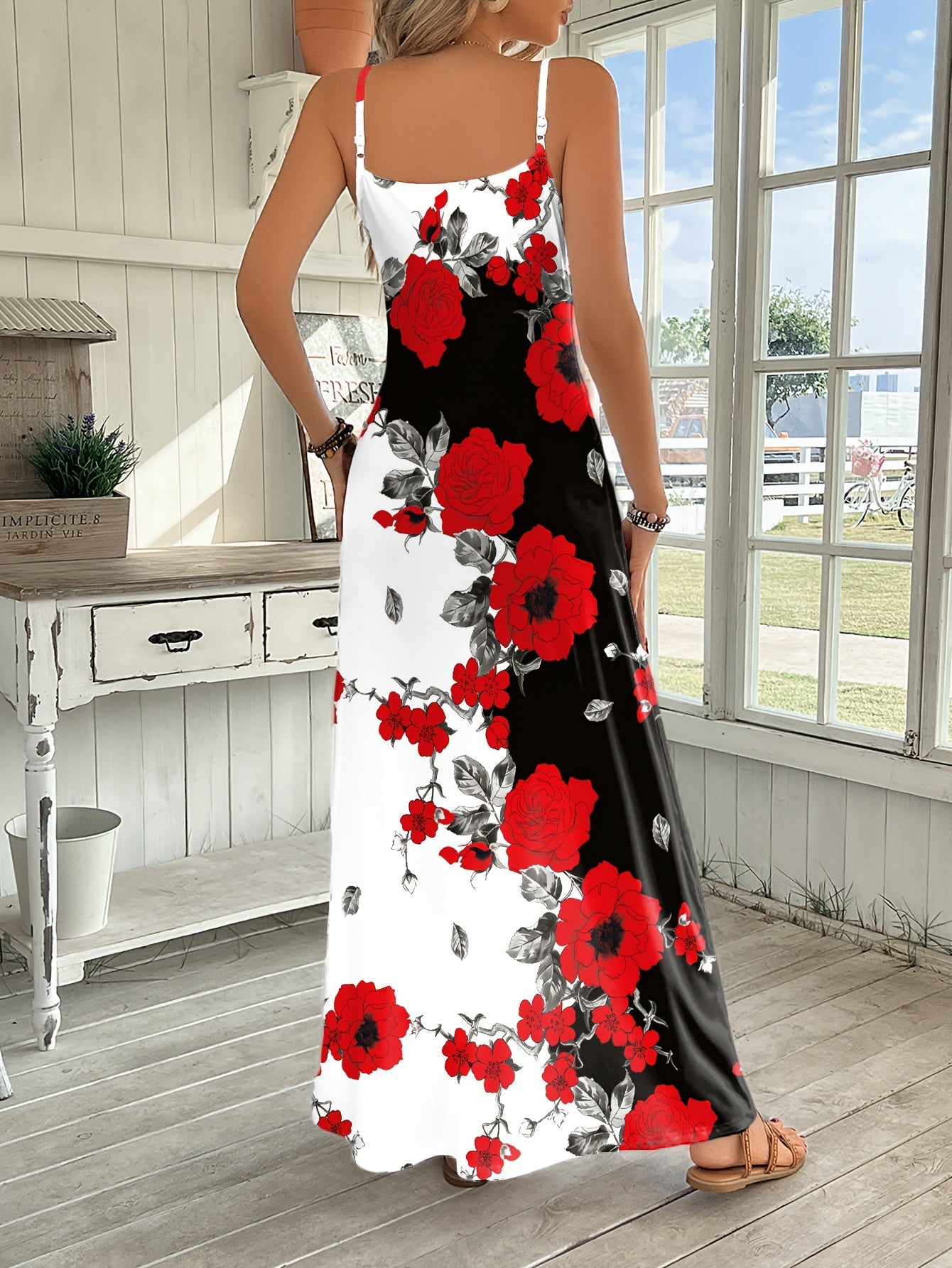 Women's Floral V-Neck Maxi A-Line Dress detail view