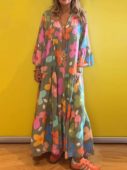 Women's Floral V-Neck Maxi A-Line Dress - Ruffle – Green detail view