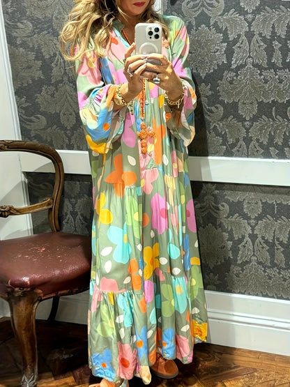 Women's Floral V-Neck Maxi A-Line Dress - Ruffle – Green detail view