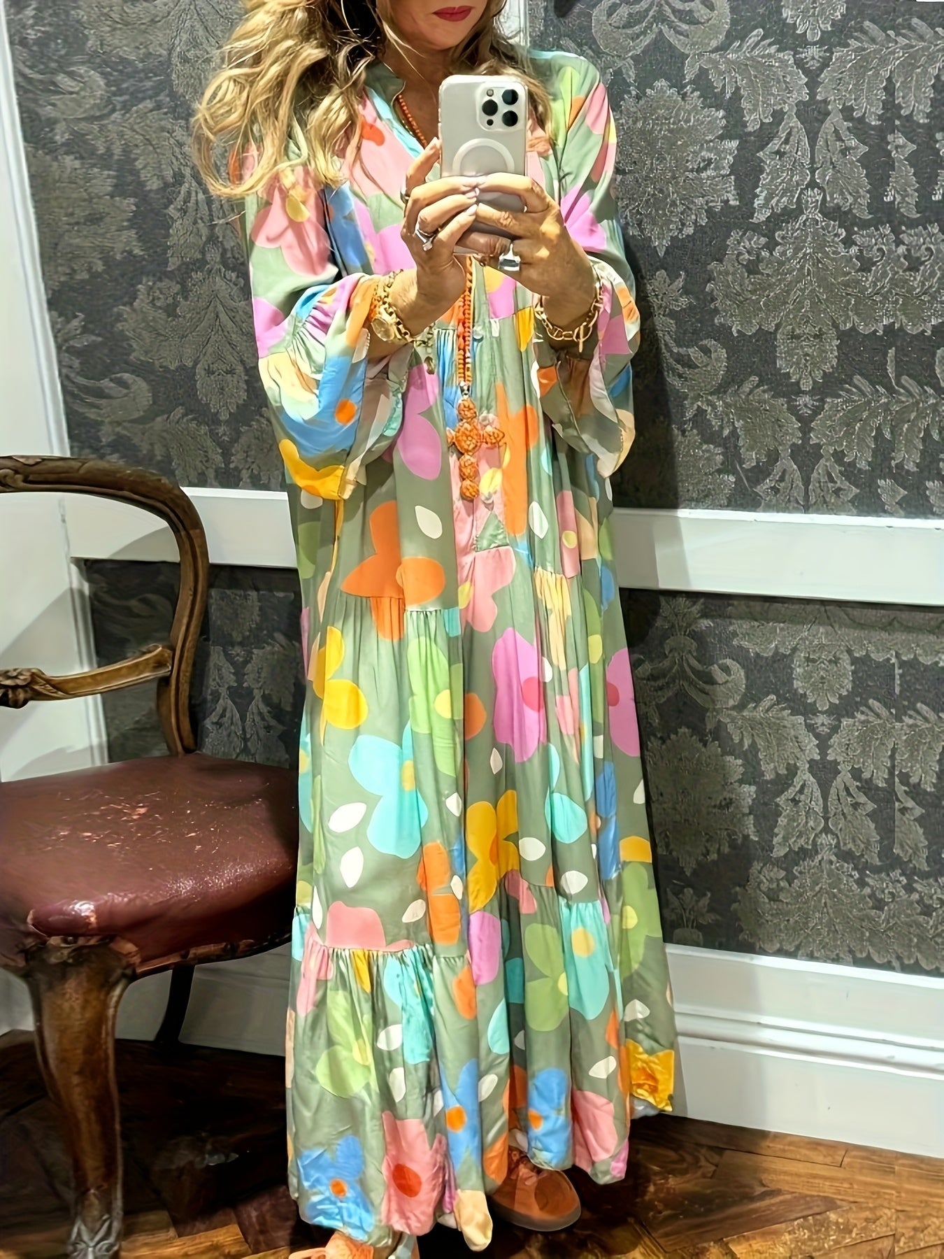 Women's Floral V-Neck Maxi A-Line Dress - Ruffle – Green – Green option – main product image