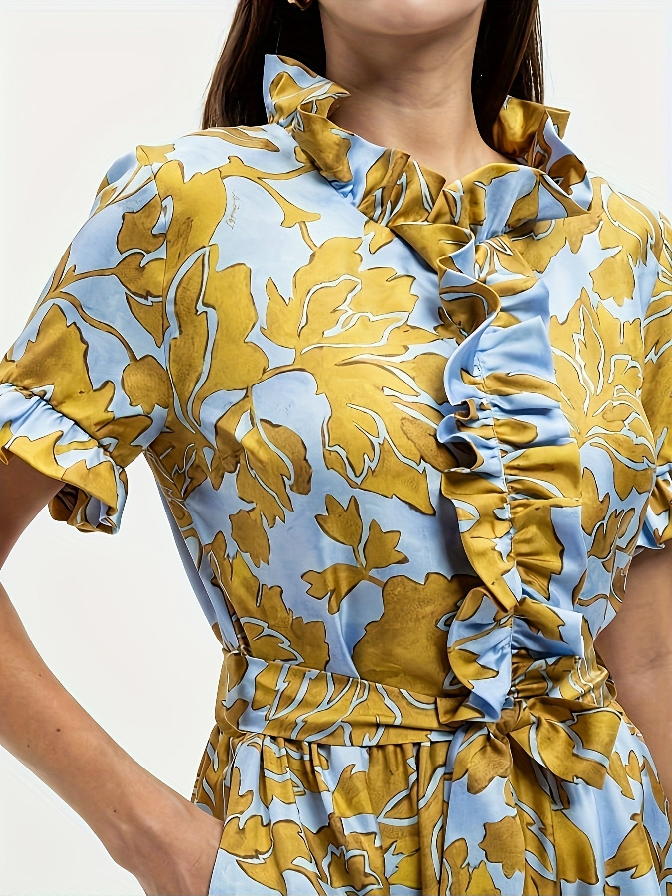Women's Floral V-Neck Maxi A-Line Dress - Ruffle – Light Blue detail view