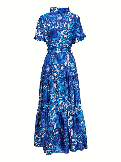 Women's Floral V-Neck Maxi A-Line Dress - Ruffle – Light Blue detail view