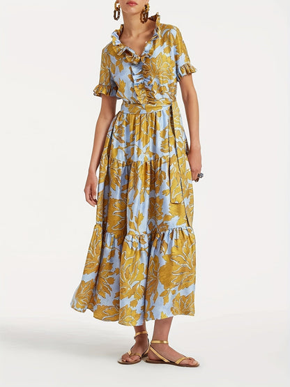 Women's Floral V-Neck Maxi A-Line Dress - Ruffle – Light Blue detail view
