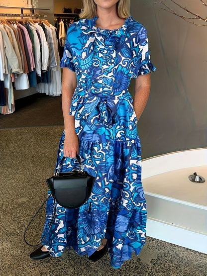 Women's Floral V-Neck Maxi A-Line Dress - Ruffle – Light Blue detail view