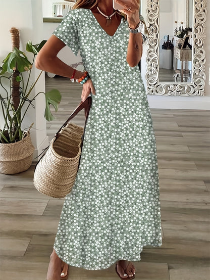 Women's Floral V-Neck Maxi Casual Dress – Green option – main product image