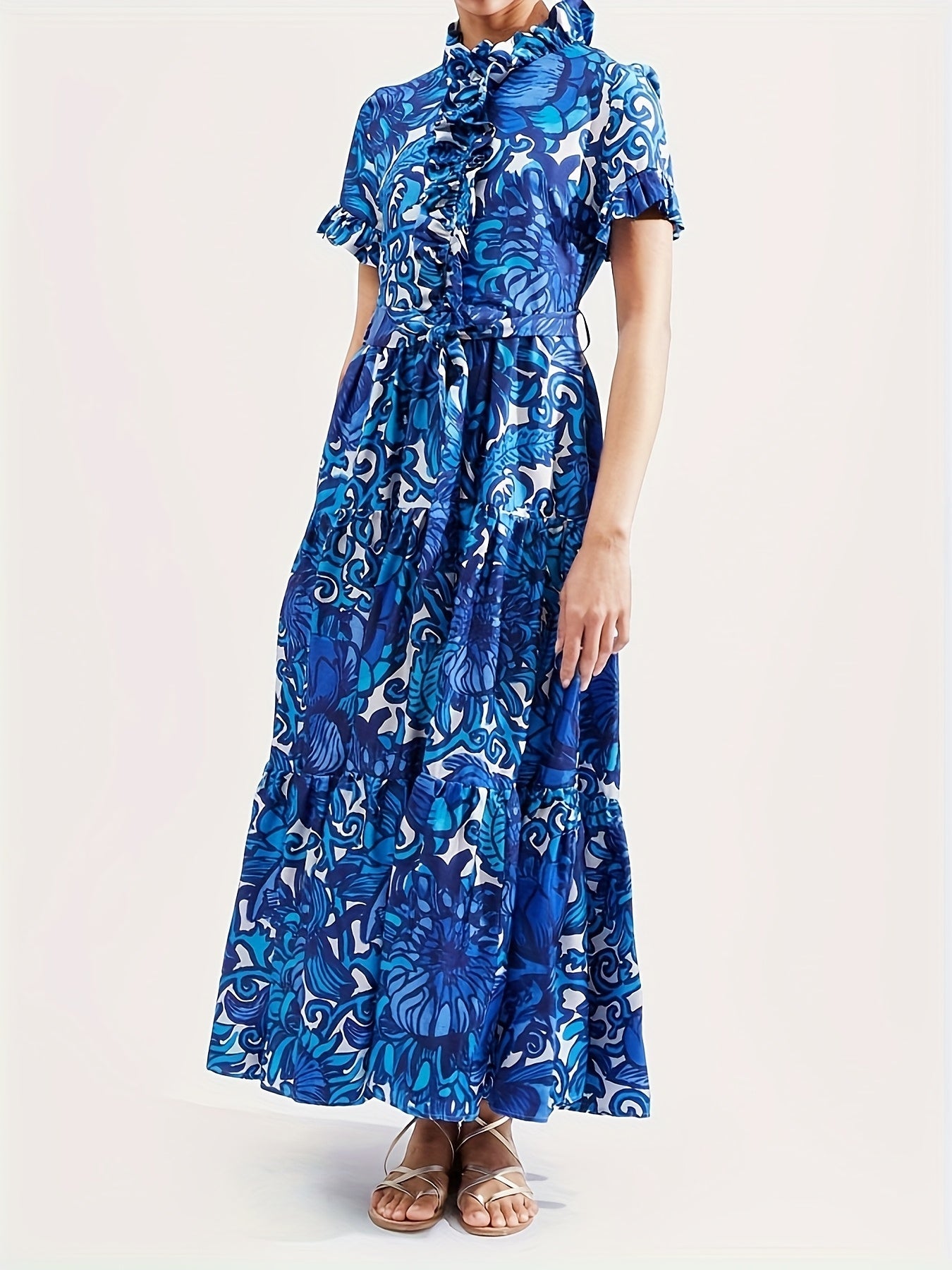Women's Floral V-Neck Maxi Casual Dress - Ruffle detail view