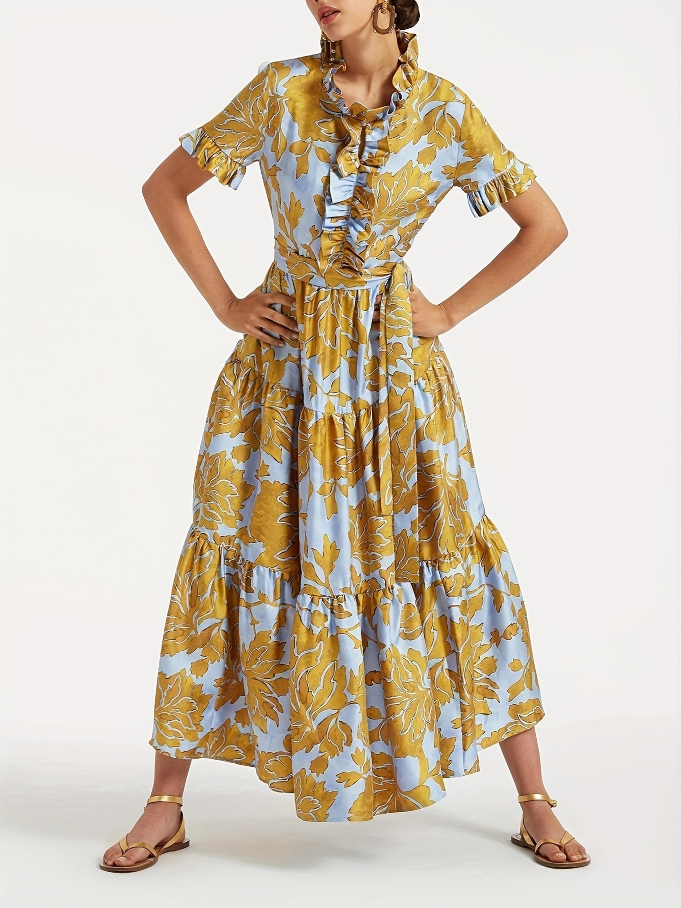Women's Floral V-Neck Maxi Casual Dress - Ruffle detail view