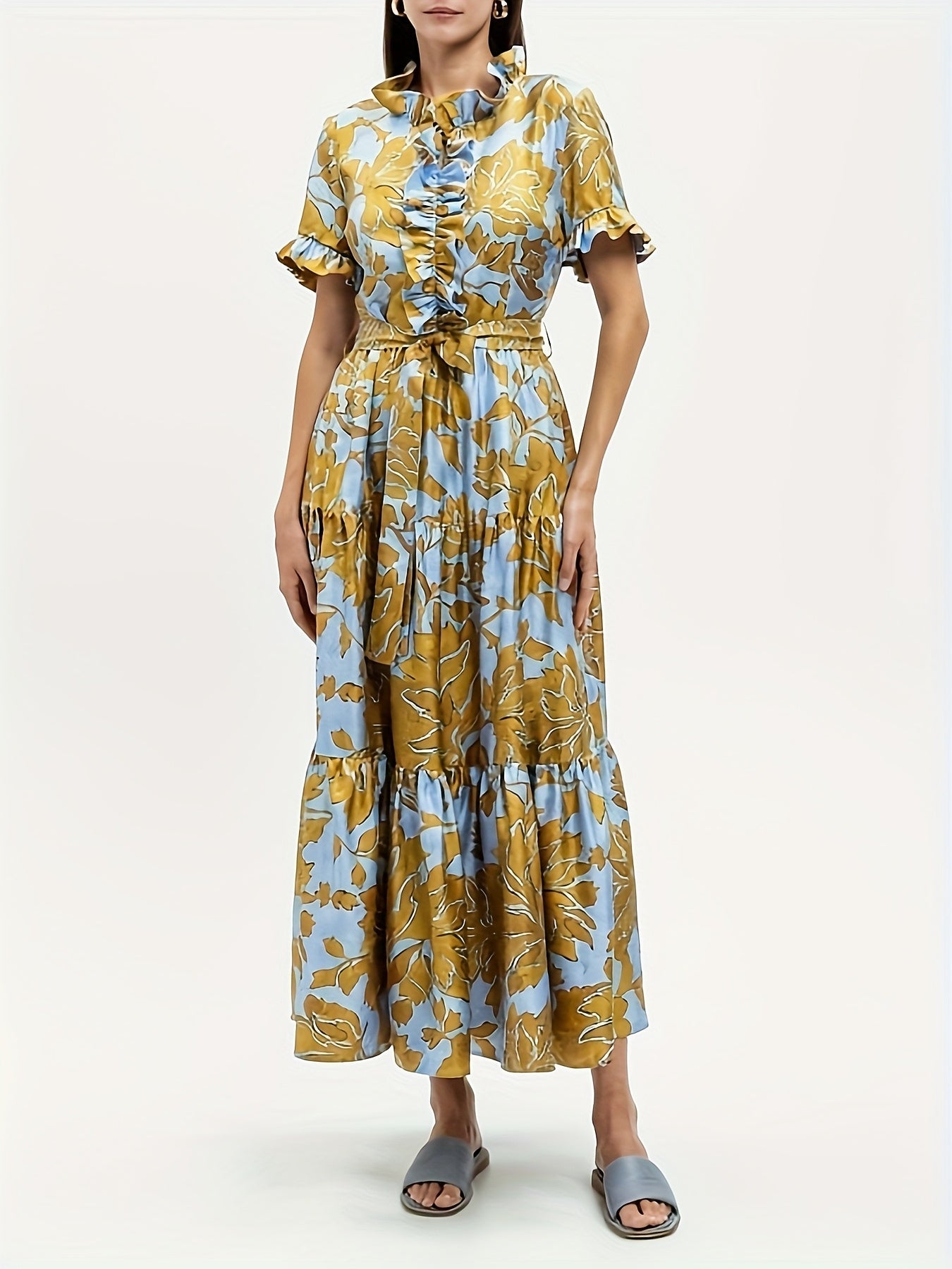 Women's Floral V-Neck Maxi Casual Dress - Ruffle detail view