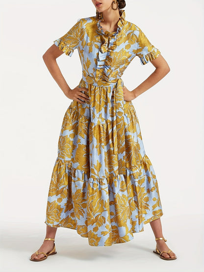Women's Floral V-Neck Maxi Casual Dress - Ruffle detail view