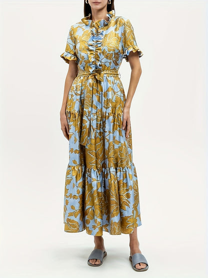 Women's Floral V-Neck Maxi Casual Dress - Ruffle – Blue option – main product image
