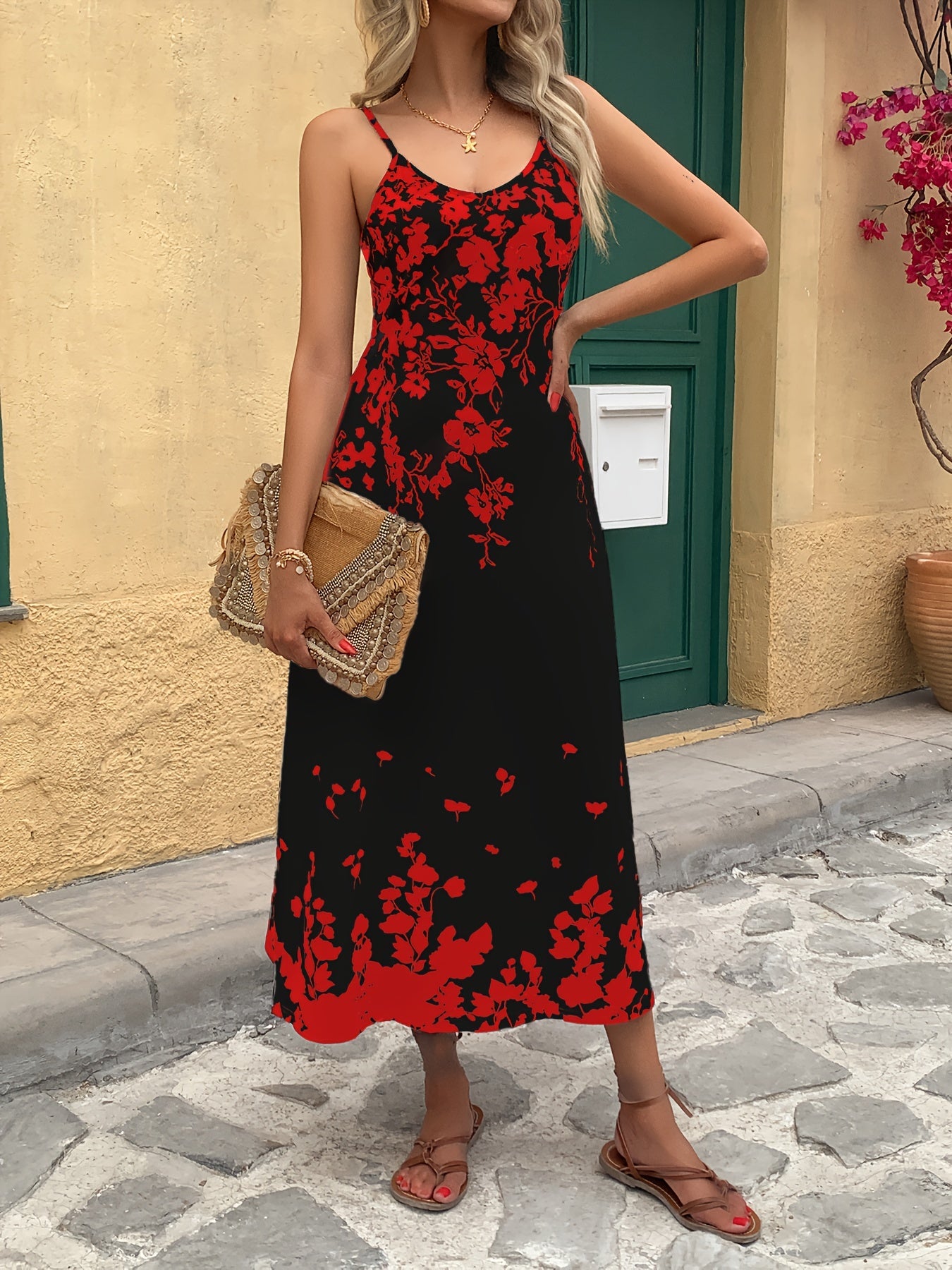 Women's Floral V-Neck Maxi Cocktail Dress - Party Ready – Red option – view 4