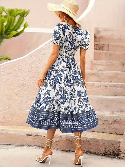 Women's Floral V-Neck Midi A-Line Dress – Short Sleeve detail view