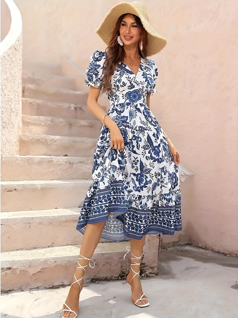 Women's Floral V-Neck Midi A-Line Dress – Short Sleeve detail view
