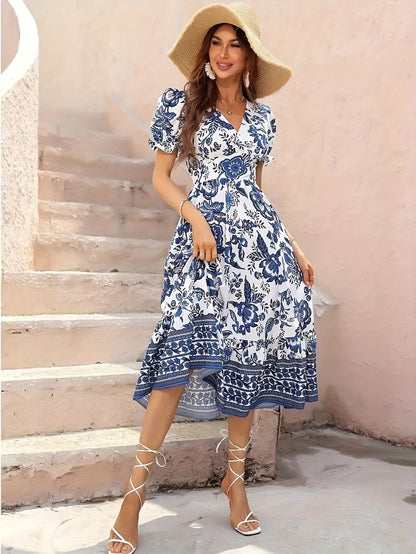 Women's Floral V-Neck Midi A-Line Dress – Short Sleeve detail view