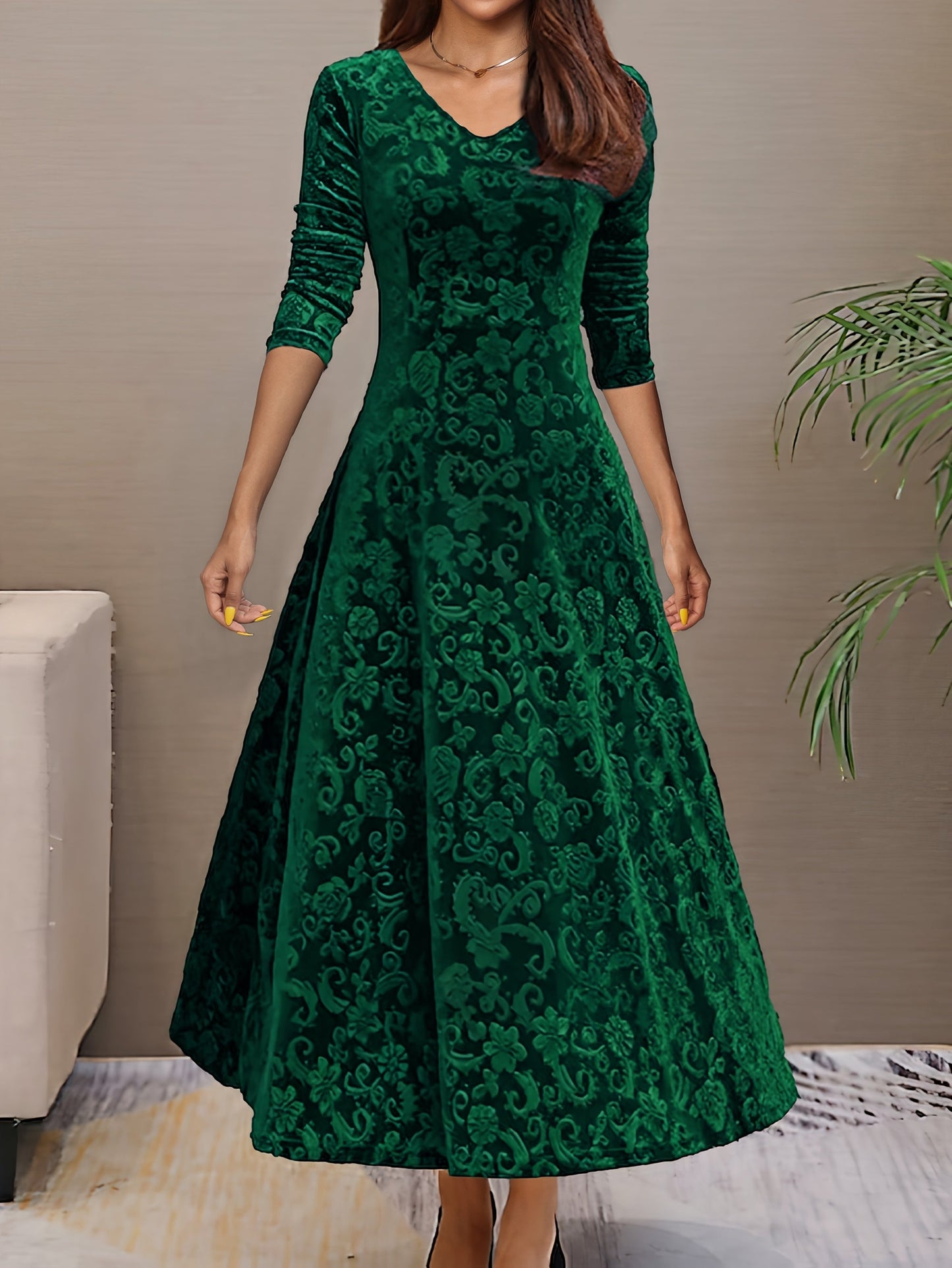 Women's Floral V-Neck Midi Bodycon Dress - Long Sleeve – main product image