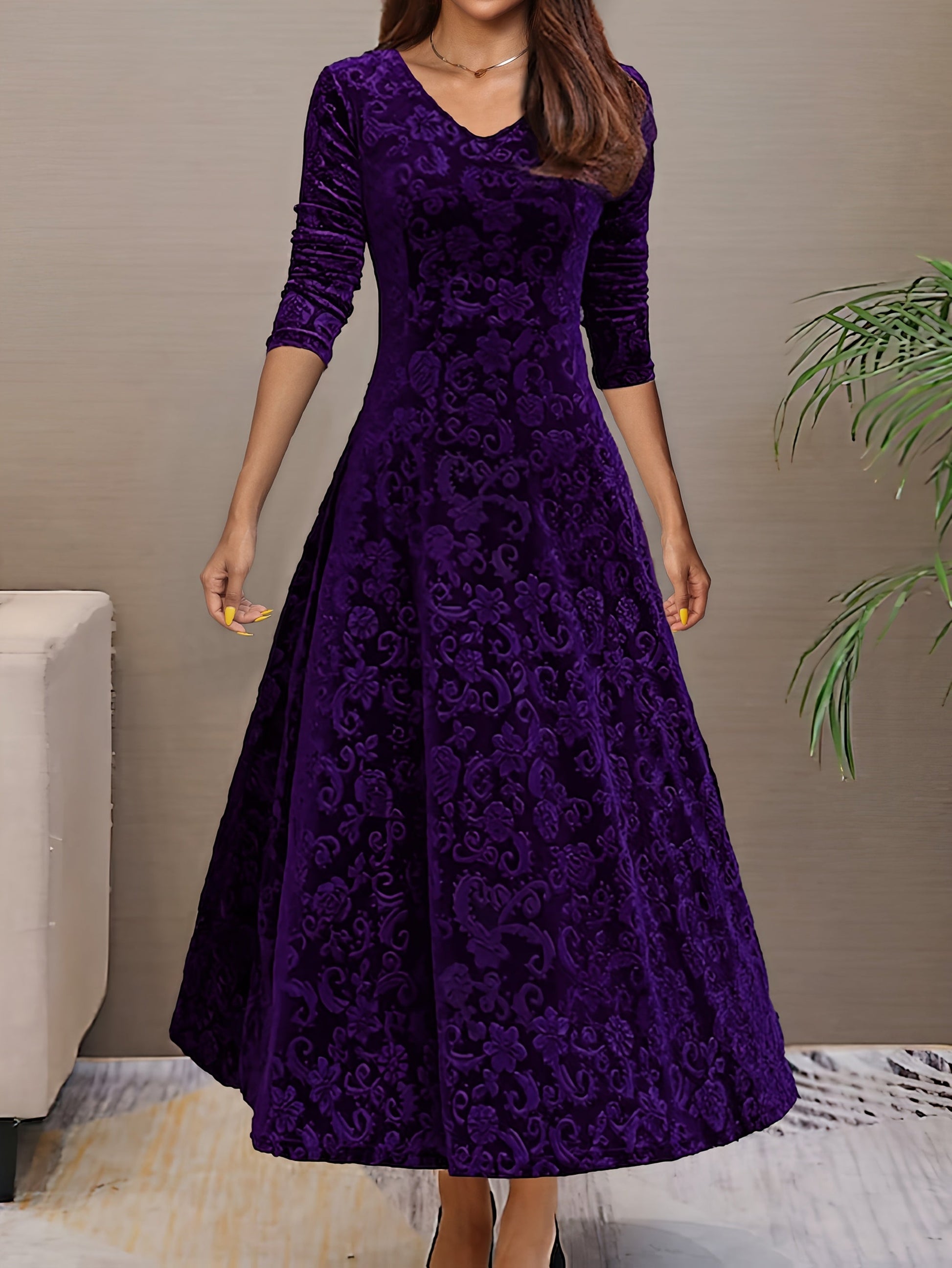 Women's Floral V-Neck Midi Bodycon Dress - Long Sleeve detail view