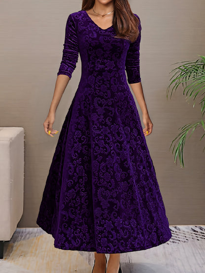 Women's Floral V-Neck Midi Bodycon Dress - Long Sleeve detail view