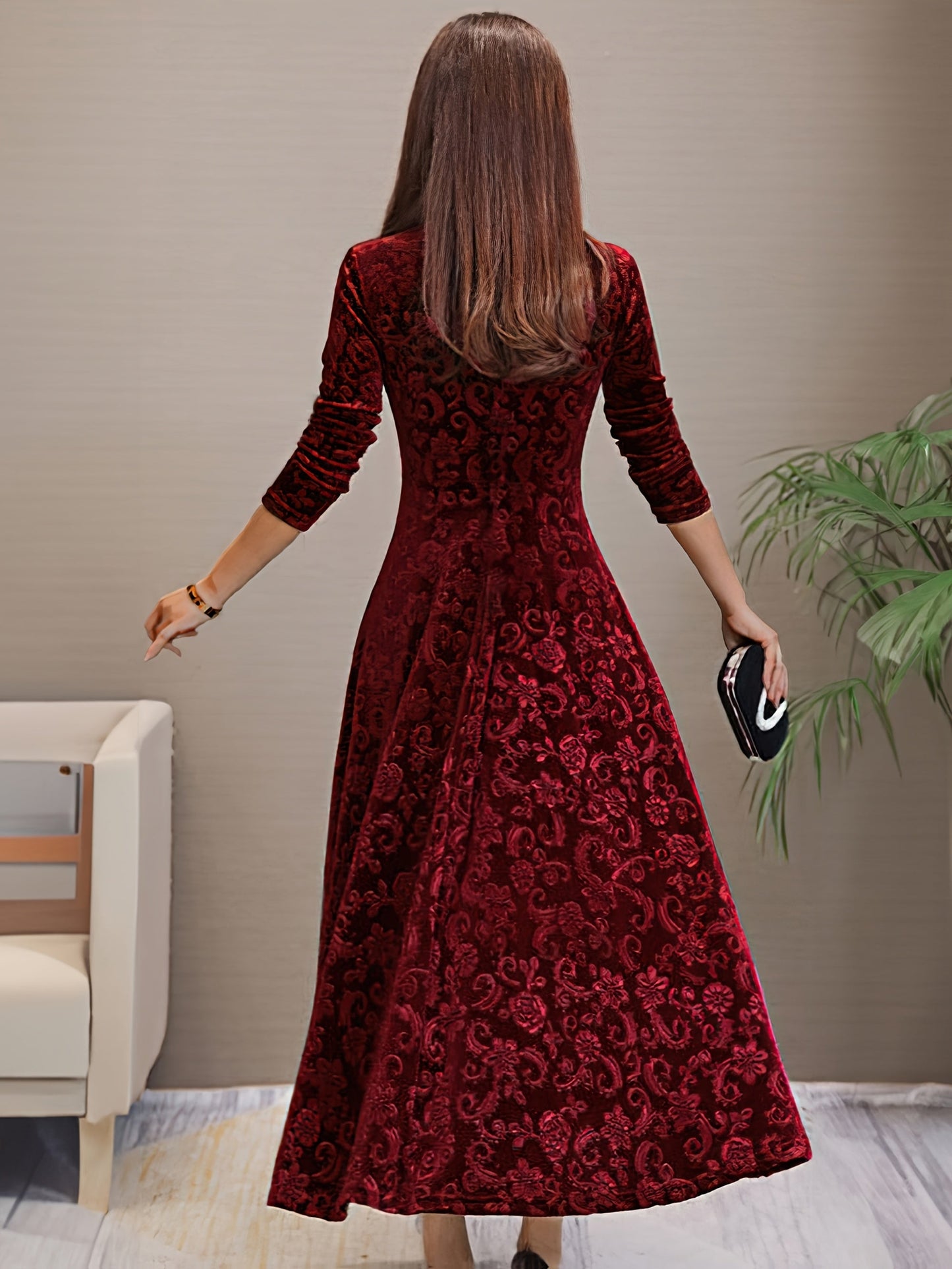 Women's Floral V-Neck Midi Bodycon Dress - Long Sleeve detail view