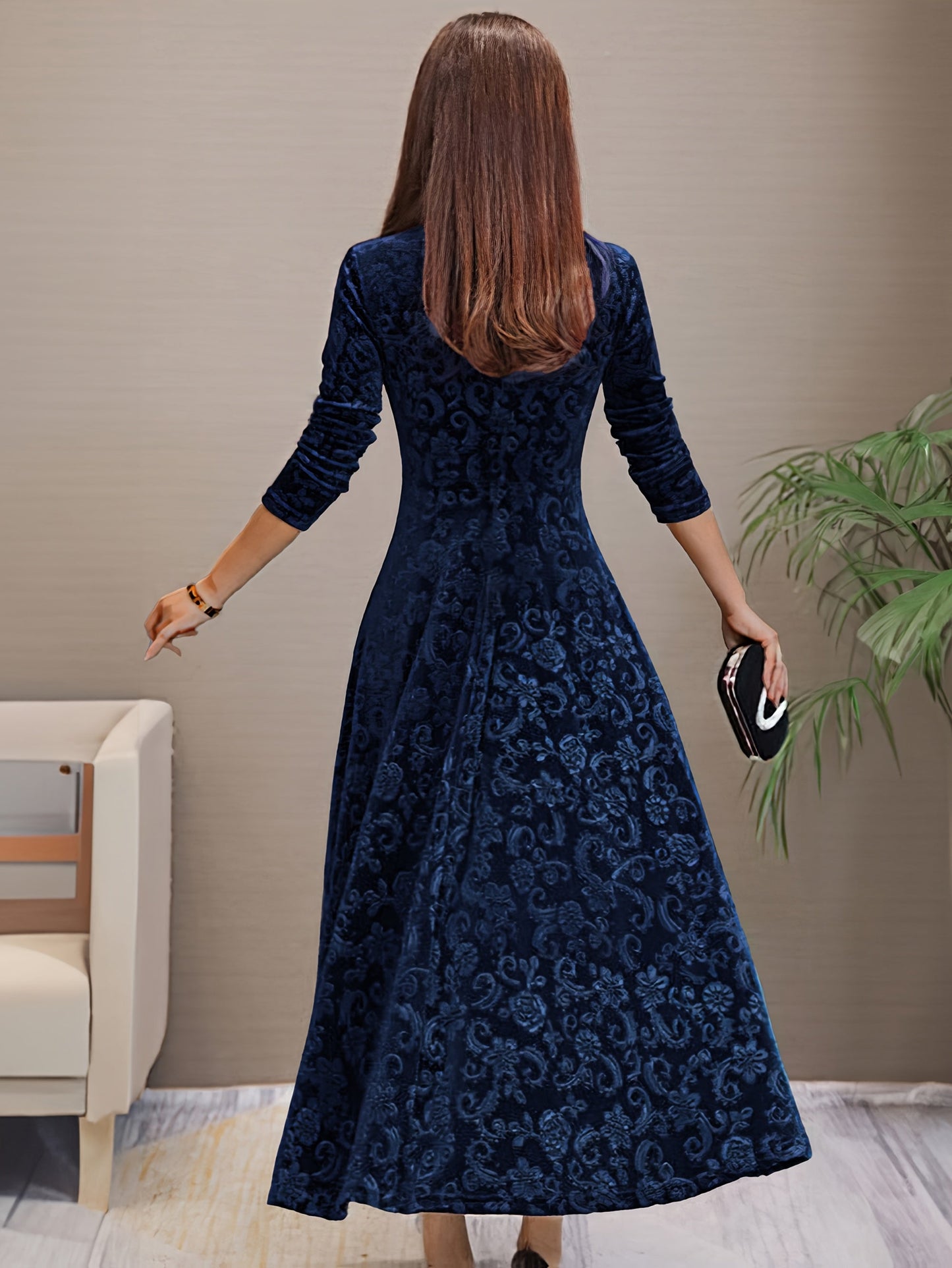 Women's Floral V-Neck Midi Bodycon Dress - Long Sleeve detail view