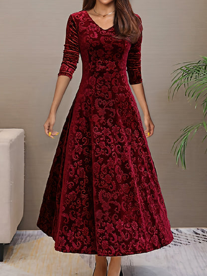 Women's Floral V-Neck Midi Bodycon Dress - Long Sleeve – Red option – view 3