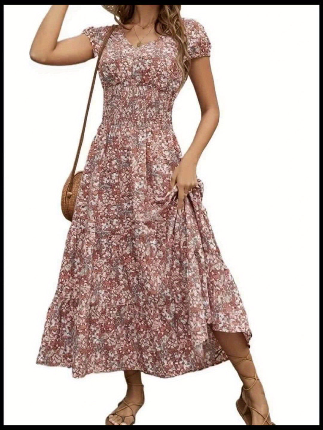 Women's Floral V-Neck Midi Evening Dress - Short Sleeve Event Style detail view