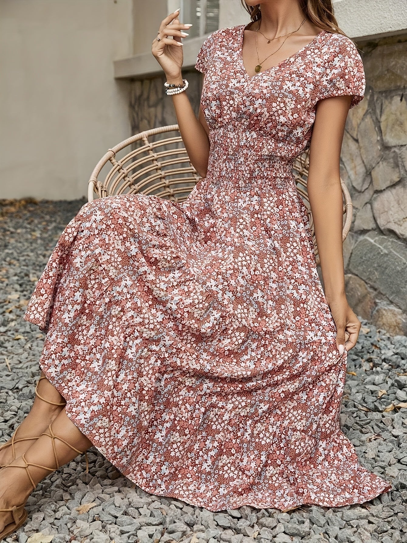 Women's Floral V-Neck Midi Evening Dress - Short Sleeve Event Style detail view