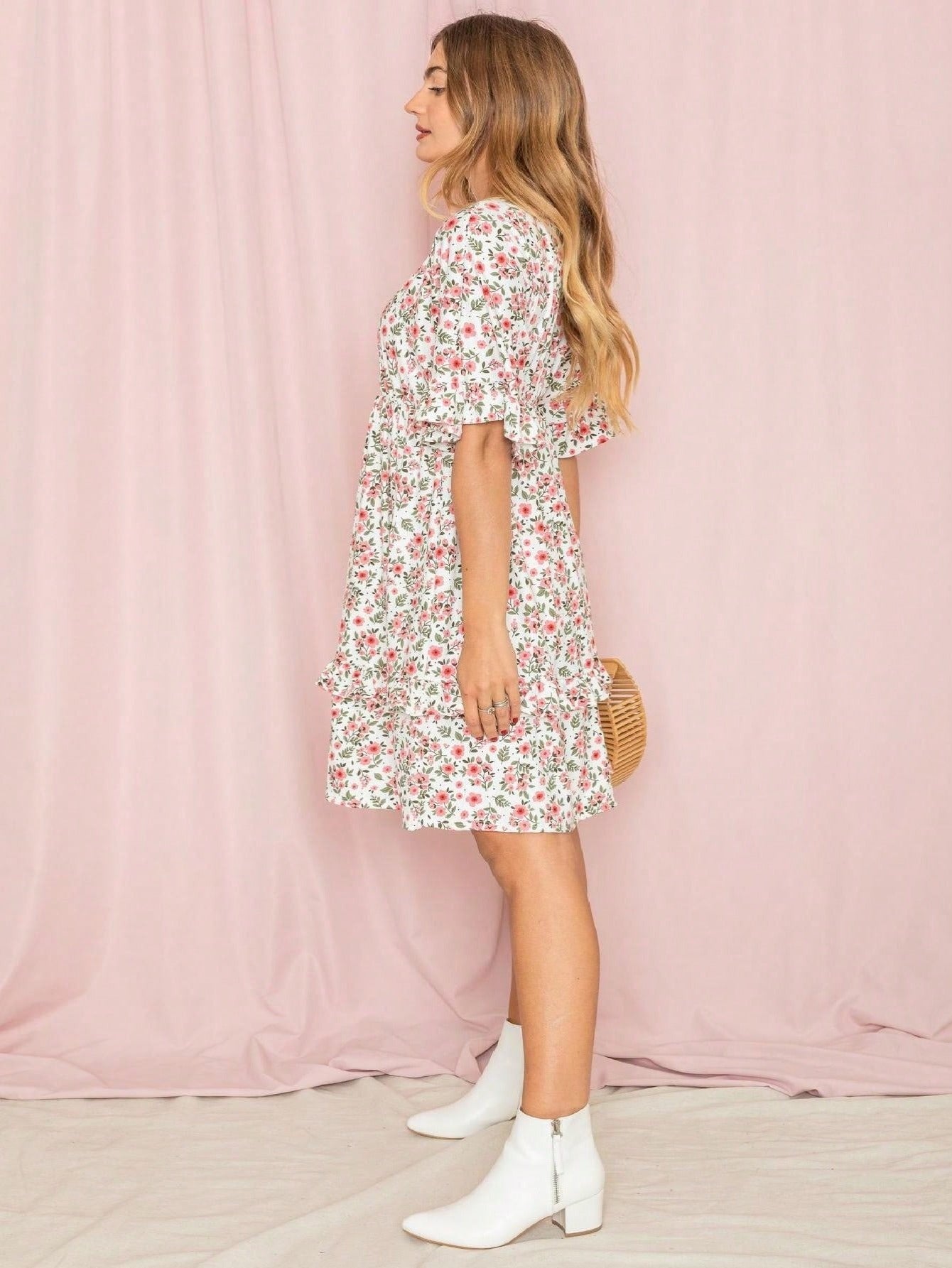 Women's Floral V-Neck Midi Knit Dress - Ruffle detail view