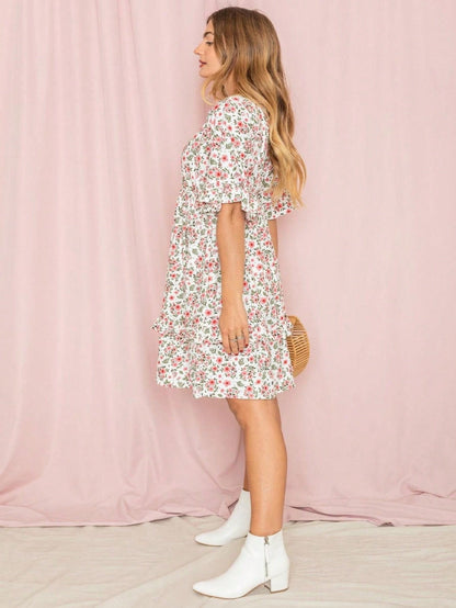 Women's Floral V-Neck Midi Knit Dress - Ruffle detail view