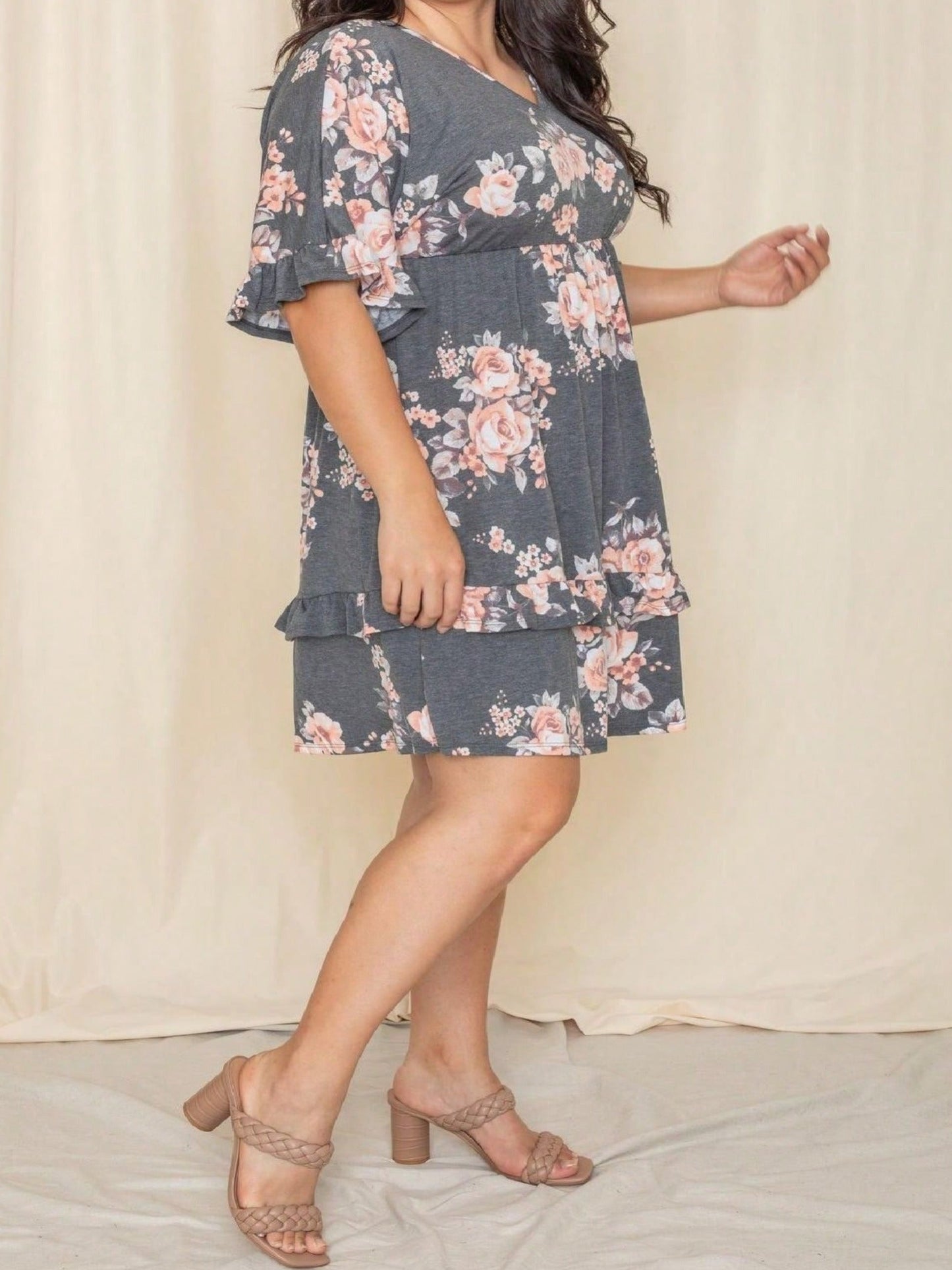 Women's Floral V-Neck Midi Knit Dress - Ruffle detail view