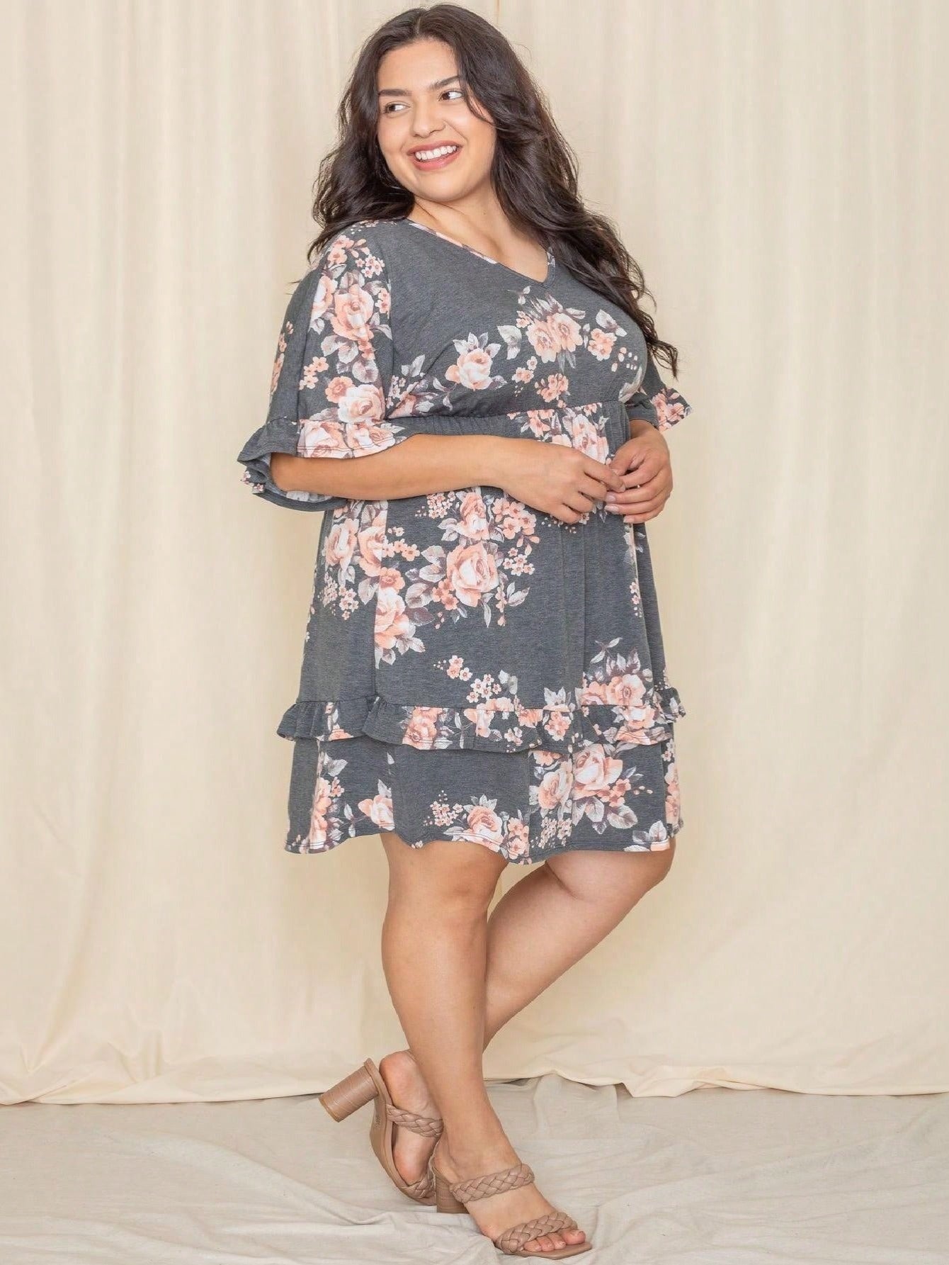 Women's Floral V-Neck Midi Knit Dress - Ruffle detail view