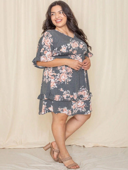 Women's Floral V-Neck Midi Knit Dress - Ruffle detail view