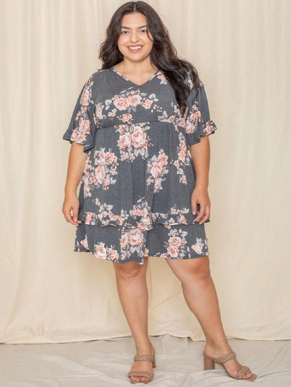 Women's Floral V-Neck Midi Knit Dress - Ruffle detail view