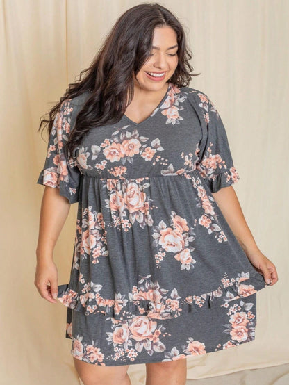 Women's Floral V-Neck Midi Knit Dress - Ruffle detail view