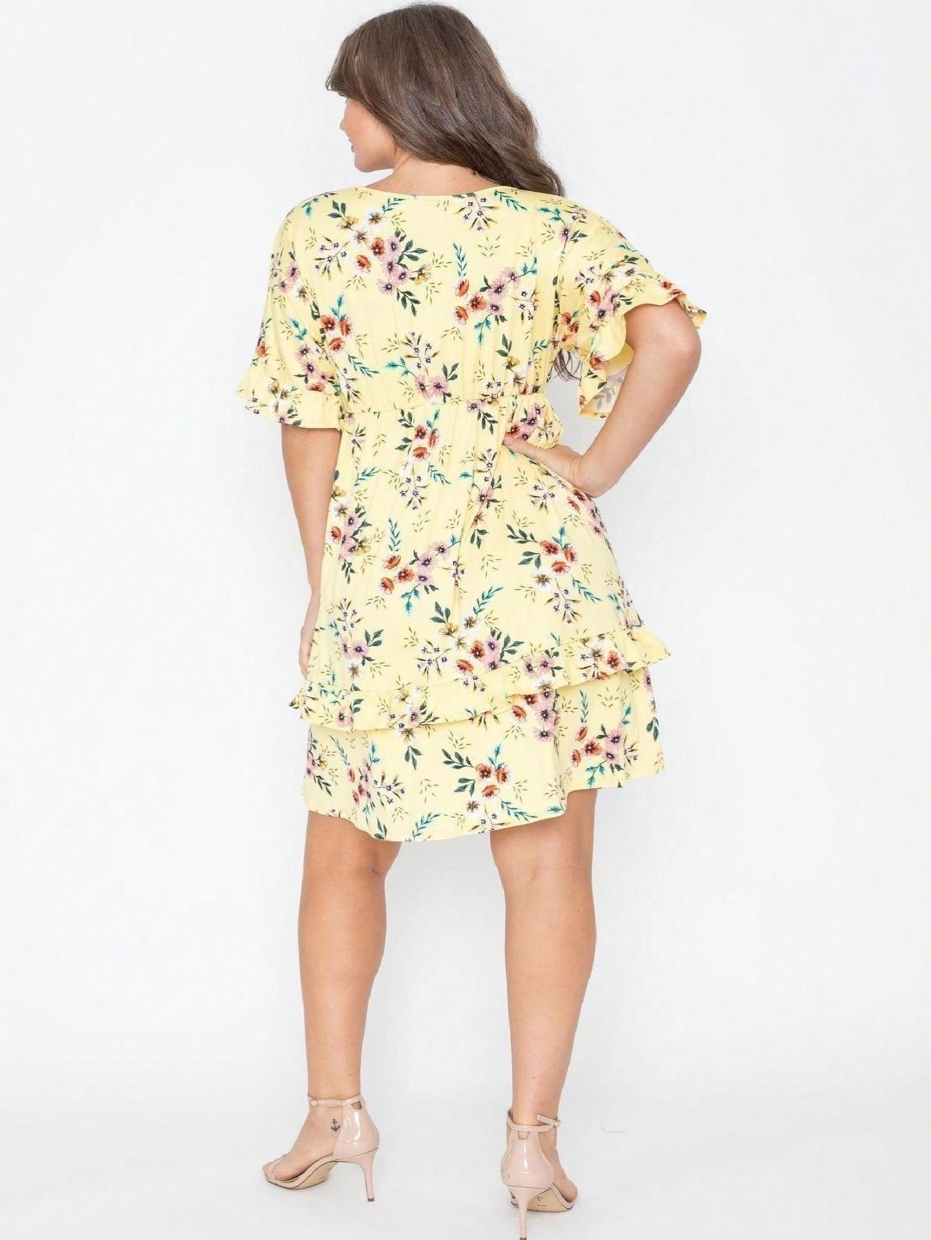 Women's Floral V-Neck Midi Knit Dress - Ruffle detail view
