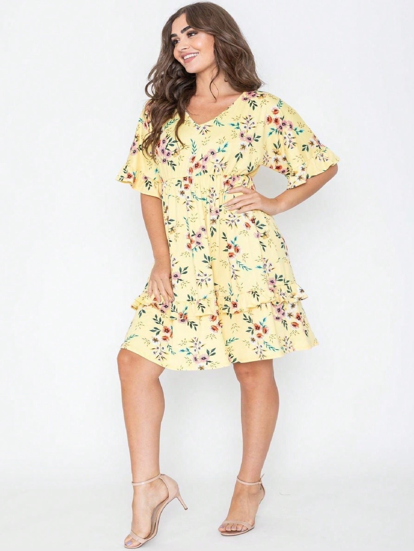 Women's Floral V-Neck Midi Knit Dress - Ruffle detail view