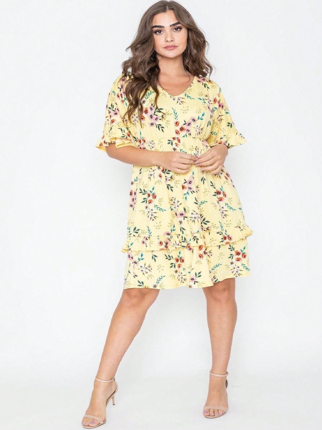 Women's Floral V-Neck Midi Knit Dress - Ruffle detail view