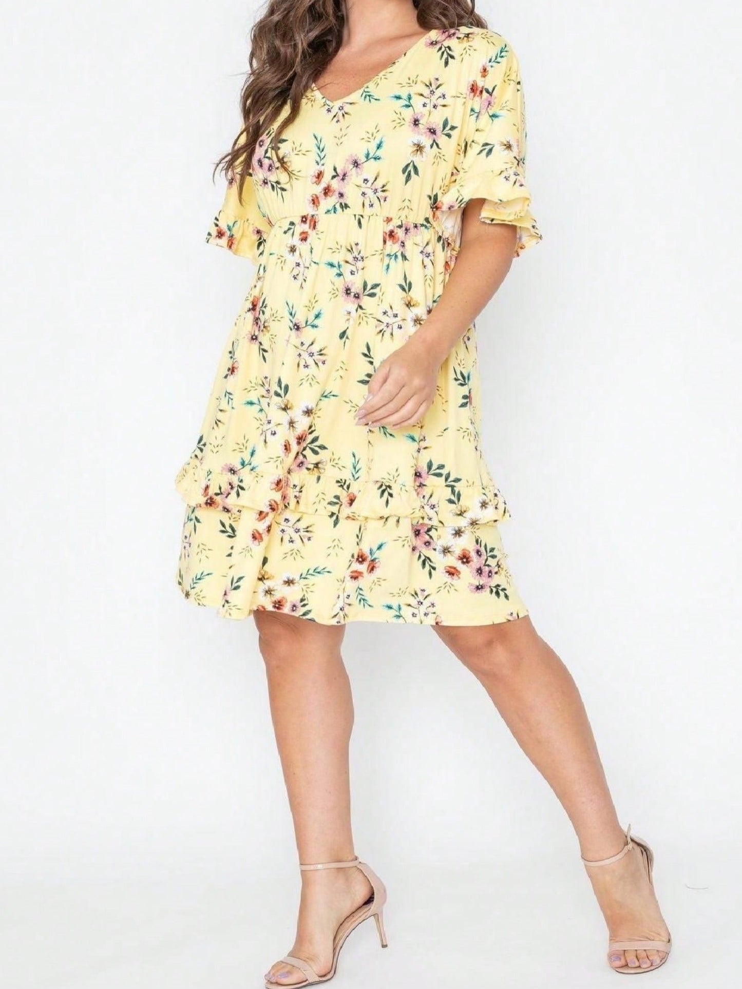 Women's Floral V-Neck Midi Knit Dress - Ruffle detail view